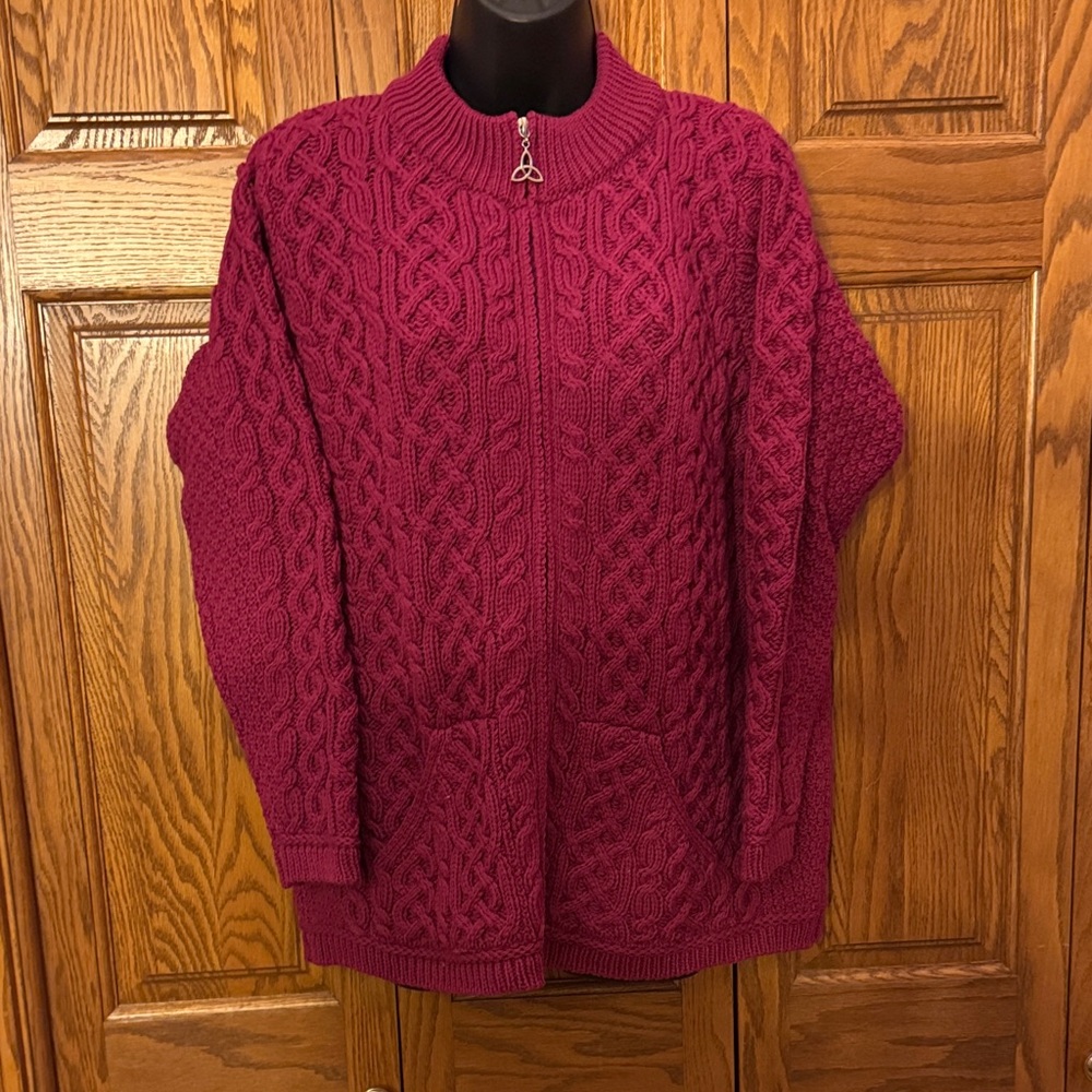 Aran Crafts Women's Rich Burgundy Cable Knit Cardigan